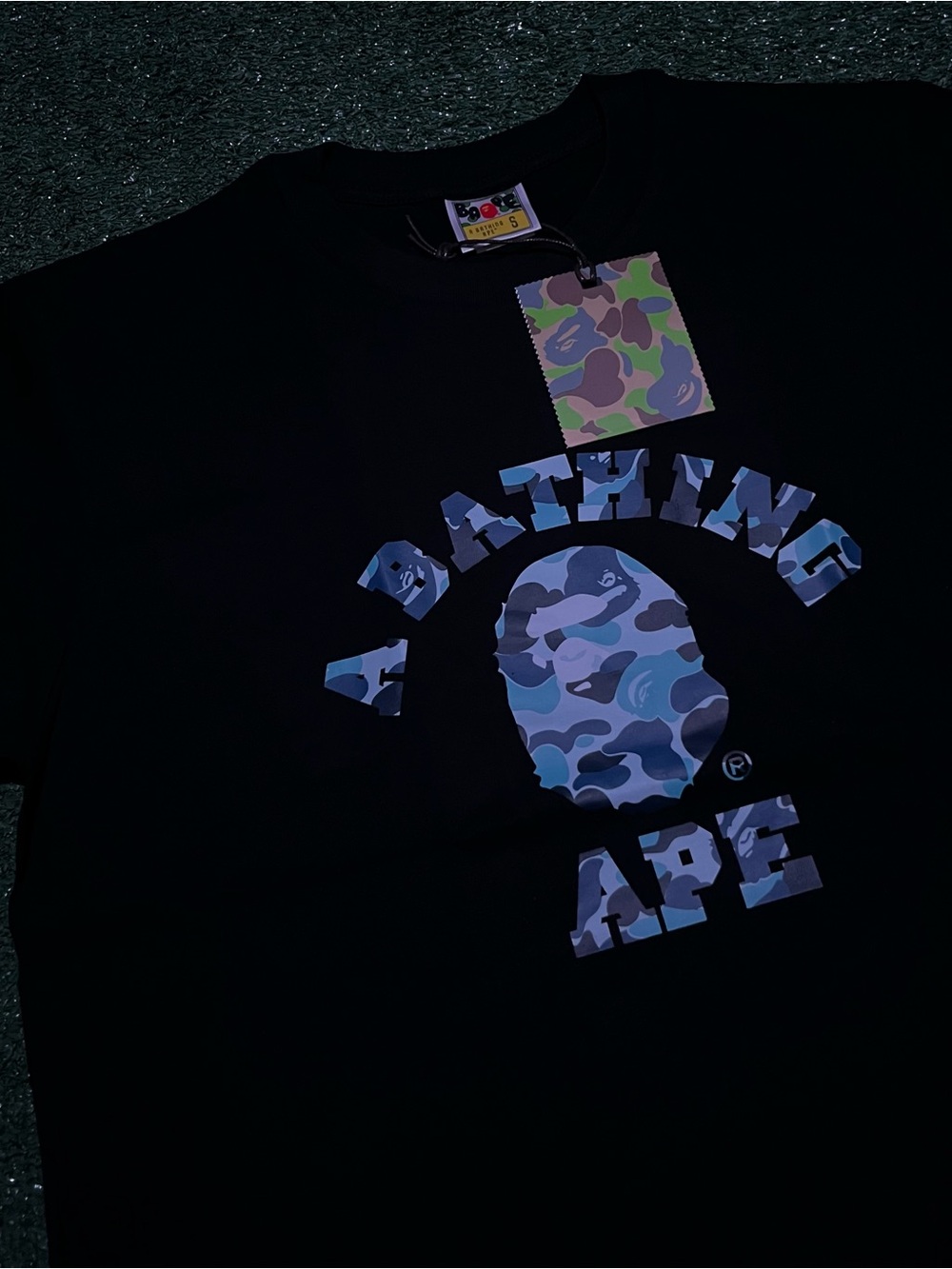 Bape Black Tee with Blue Camo Ape Head
